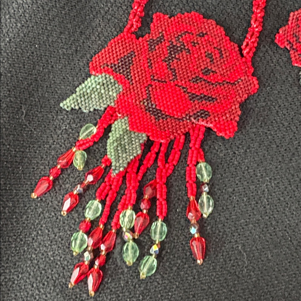Red Rose seed bead Necklace and Earring Set
